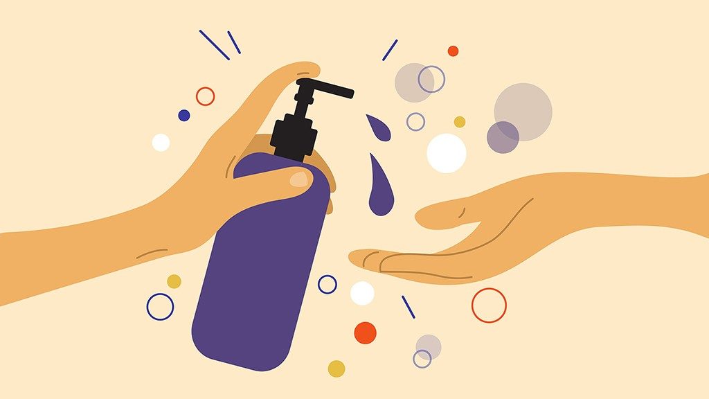 Pump dispenser squirting liquid into open palm